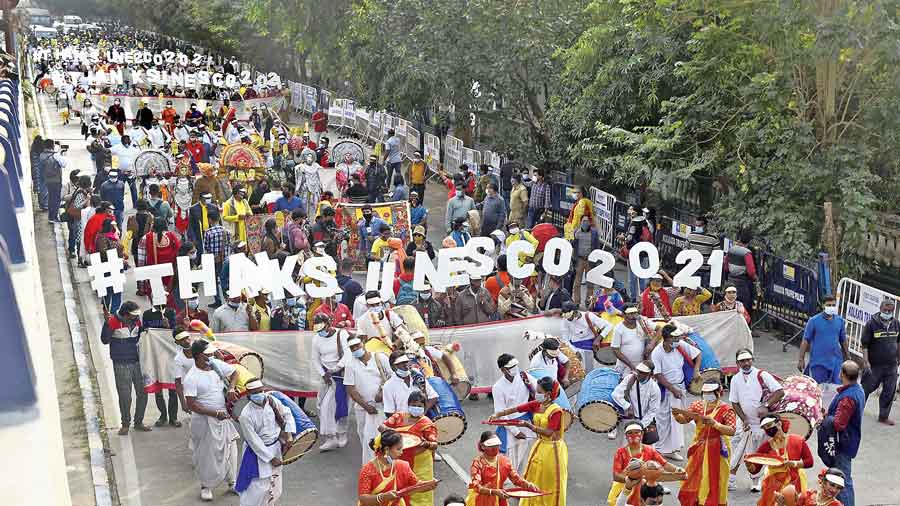 A rally held in 2021 after Durga Puja got the Unesco tag