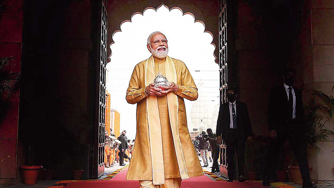 Prime Minister Narendra Modi during the inauguration of Kashi Vishwanath Dham in Varanasi, Monday.