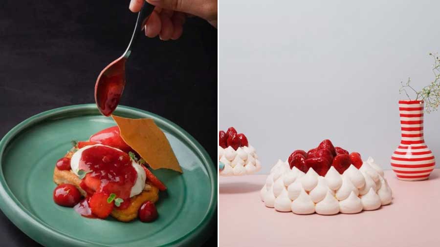 Burma Burma’s ‘Not Your Ordinary Strawberry and Cream’ (left) and strawberry pavlova by Little Pleasures (right)