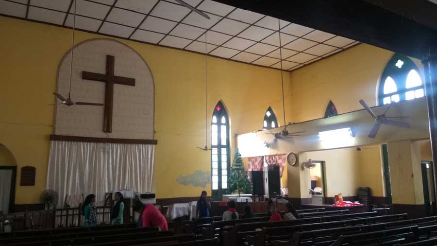 Being a Protestant church, the simply decorated interiors do not house any idol. Instead, the faithful pray before a large cross