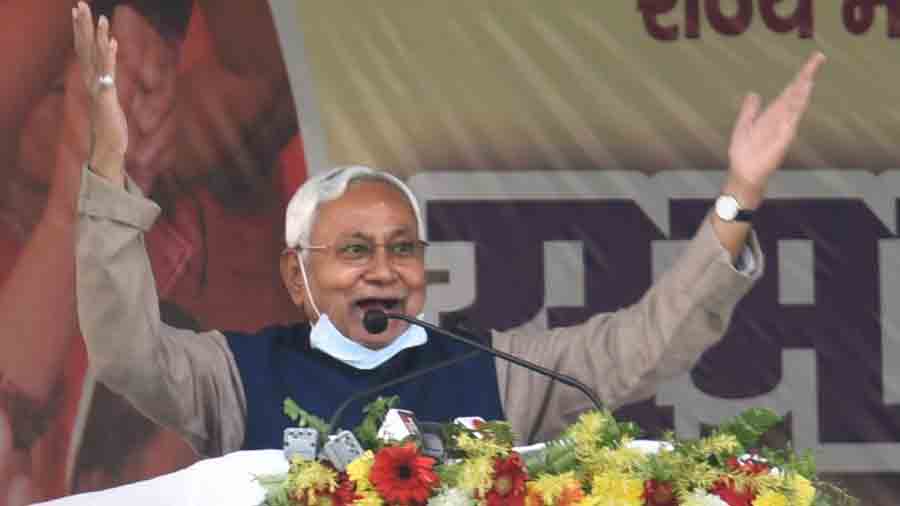 Bihar Chief Minister Nitish Kumar speaks during 'Samaj Sudhar Yatra' in Gopalganj, Friday.