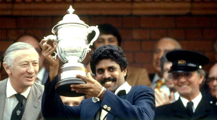  Kapil Dev lifts the trophy after the 1983 Prudential World Cup Final victory against West Indies at Lords on June 25, 1983.