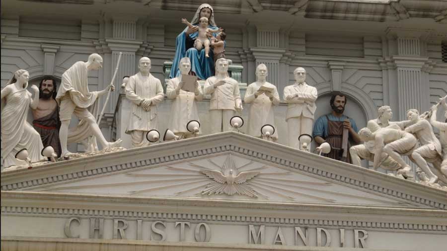 Figures of religious and social significance adorn the pediment of the Christo Mandir, inside the Roman Catholic Diocese compound