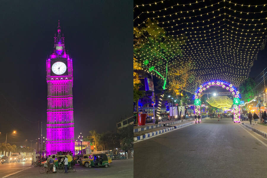 The streets along VIP Road from Lake Town to Golaghata are shining with strings of lights and large LED installations. Kolkata’s own Big Ben is also sporting rainbow colours for the season