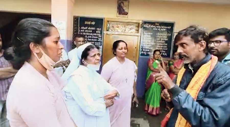 Footage shows Sangh parivar activists at Nirmala High School at Pandavapura in Mandya district, Karnataka,  on Thursday.