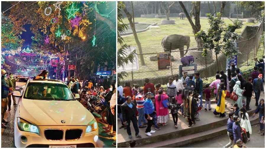 (Left) Police stop a car from which an occupant was jutting out through the sunroof on Park Street on Christmas Eve. (Right) Visitors at the elephants’ enclosure at the Alipore zoo on Saturday