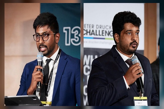 Dr Nadeem Ahmed and Prabhath Kuzhikkat speaking at the Global Peter Drucker Challenge held recently. 