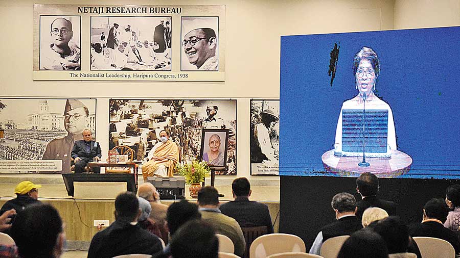 Nirupama Rao (on screen) delivers the Second Krishna Bose Lecture on ‘The Power of Soft Power’ at Netaji Research Bureau on Sunday.