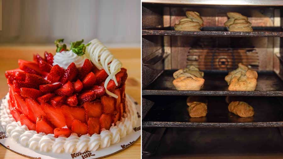 Fresh Strawberry Gateau is a winter special; (right)  Puffs and envelopes are baked fresh in the store oven