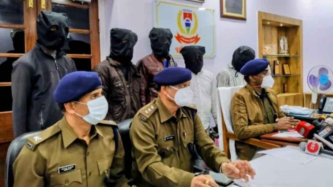 Senior SP, M Tamil Vanan (sitting extreme right) with the five arrested persons standing behind on Tuesday