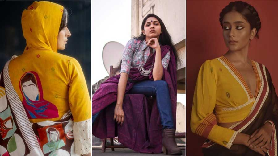 Parama’s Malala hoodie blouse (left), a shirt collar blouse by Aranya (centre) and a retro jamdani blouse by Akashlina