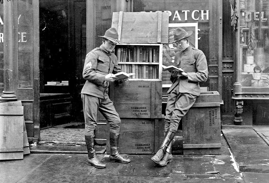 An American soldier in Paris just after the armistice of the First World War.  The American Library in Paris was founded with books sent to American infantrymen serving in the war.