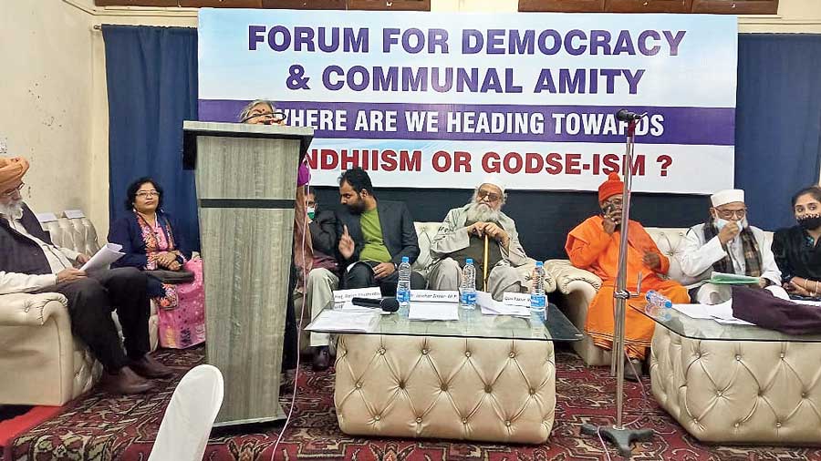 Speakers at the discussion titled “Death cult in Haridwar”, organised by the Bengal chapter of the Forum for Democracy and Communal Amity on Thursday.