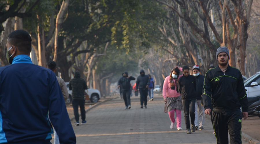 Morning walkers, attired in in full winter gear, at Sonari-Kadma Link Road in Jamshedpur on Monday. 