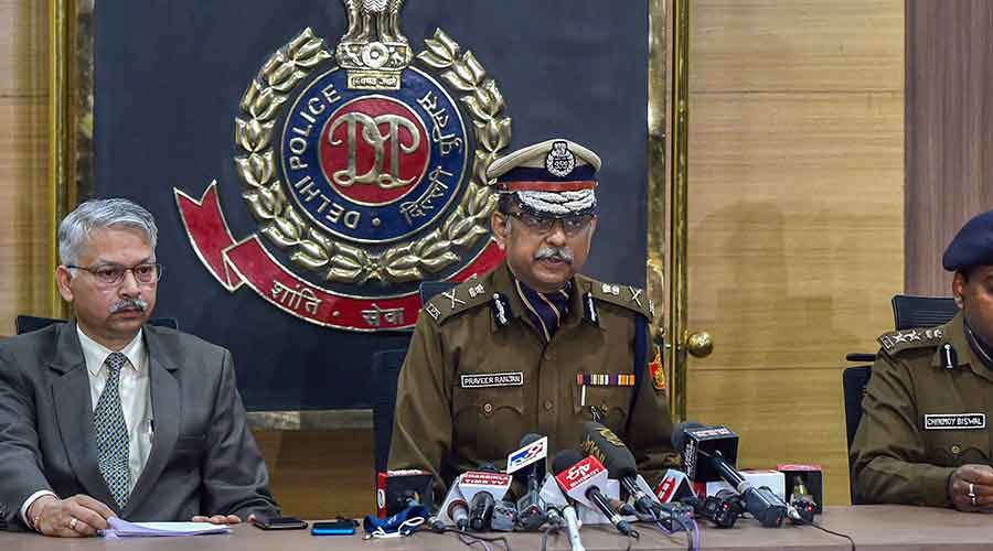 Praveer Ranjan, Special Commissioner of Police (CP), Delhi Police, speaks during a press conference at Police Headquarters, in New Delhi on Thursday, Feb. 4, 2021.