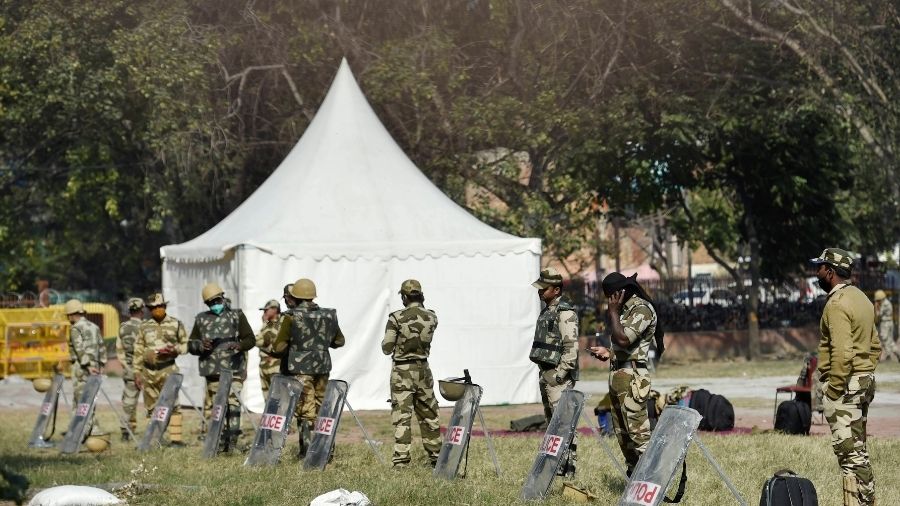 Police protect the Red Fort premises, which was breached during the farmers' tractor rally on January 26.