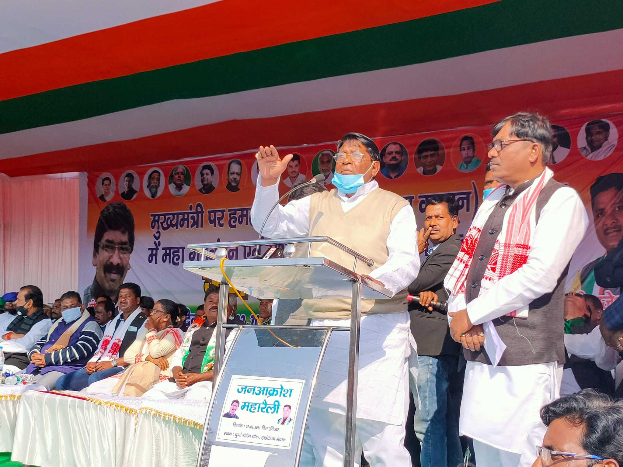 Finance minister Rameshwar Oraon addressing the farmers during Jan Akrosh Maharally at Hightention Ground Namkum in Ranchi on Sunday.