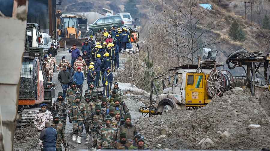 Rescue operations underway near Tapovan Tunnel in Chamoli district of Uttarakhand on Monday. 