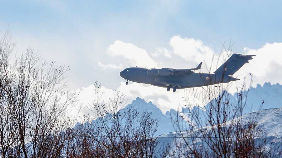 An IAF plane flies over the Ladakh region amid  India-China stand off in  Leh on January 15. 