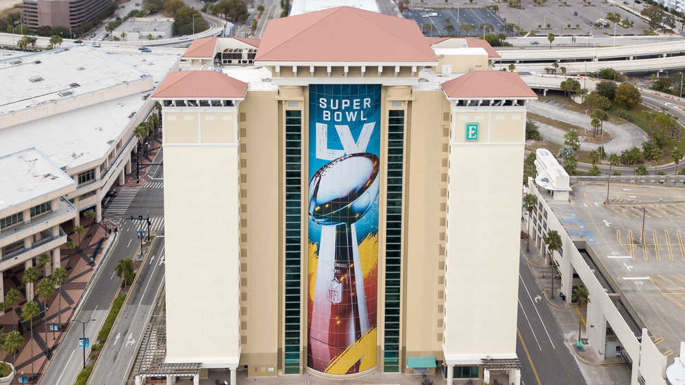 January 17, 2021: Aerial View of the Embassy Suites by Hilton with the Super Bowl LV Logo and the Vince Lombardi trophy in Tampa Florida.