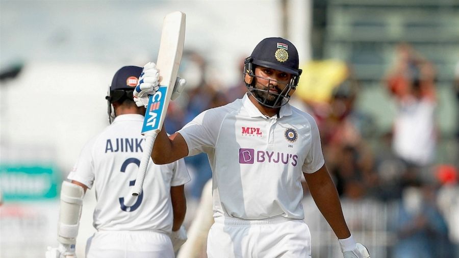 Rohit Sharma celebrates after hitting 150 during the first day of the second Test at the M.A. Chidambaram Stadium in Chennai, on Saturday.
