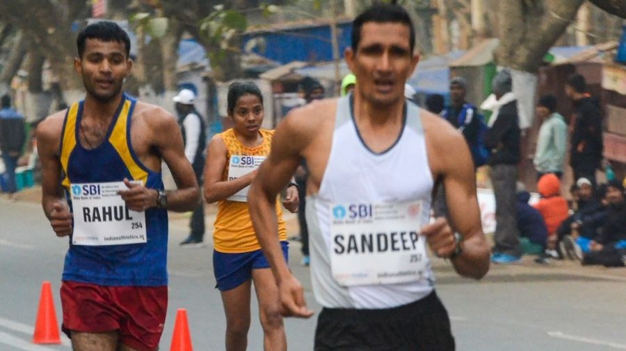 Sandeep Kumar, the winner of 20 Km Walk Race (Men) at Morabadi Stadium, in Ranchi on Saturday.
