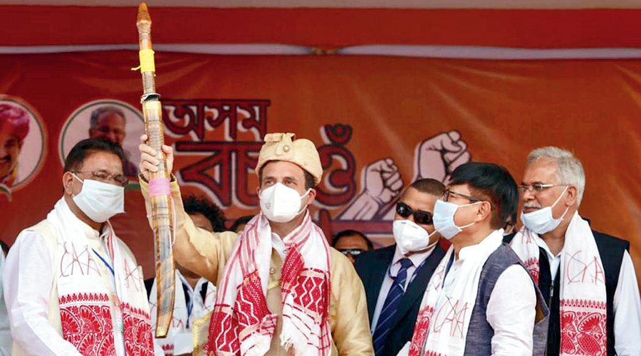 Rahul Gandhi in traditional Ahom attire at Sivasagar.