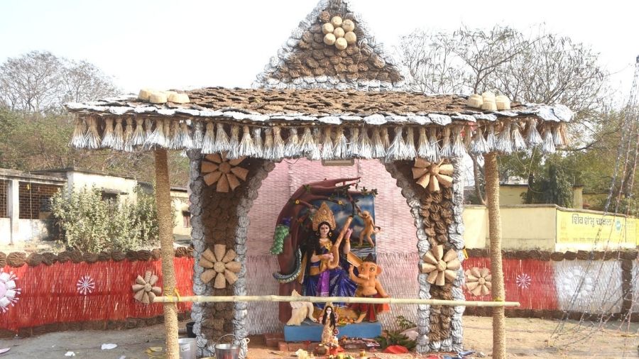 The idol of goddess Saraswati in a pandal decorated with cow dung cakes at Jharkhand Maidan in Dhanbad on Tuesday.