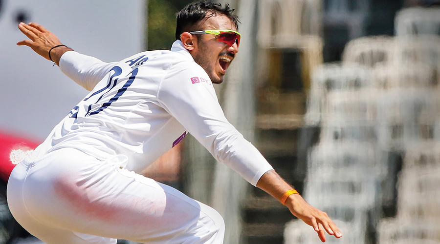 Axar Patel on Day IV of the second Test against England on Tuesday when he became the ninth Indian bowler  to claim a five-for on debut.