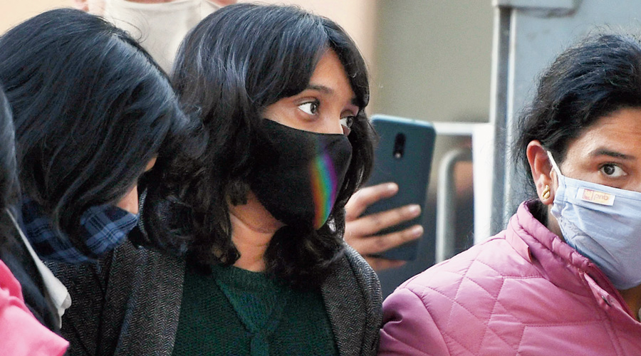 Climate activist Disha Ravi being produced in a Delhi court on Friday.