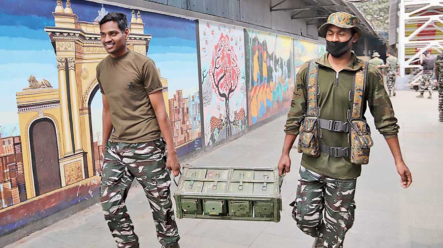 Jawans carry luggage  on Saturday. 