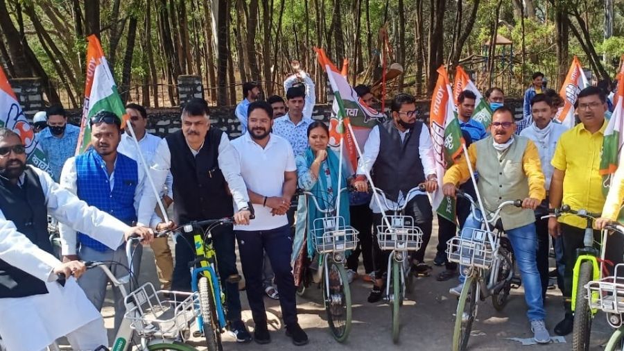 Congress workers take part in a cycle rally in Ranchi against spiralling fuel prices.
