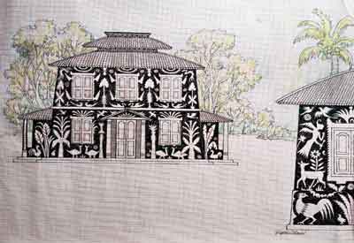 A sketch by Rupchand Kundu on the proposed look of the tribal museum building to come up at Eco Urban Village