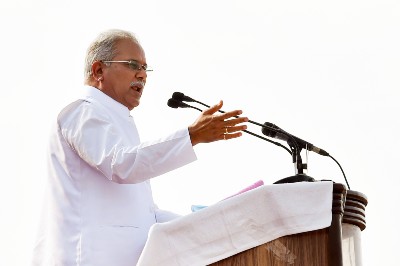 Chief Minister of Chhattisgarh Bhupesh Baghel addresses the joint rally of Left, Congress and Indian Secular Front (ISF), ahead of West Bengal assembly polls, in Kolkata, Sunday