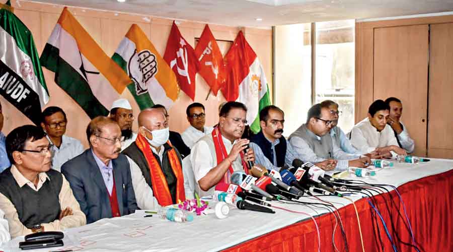 BPF chief Hagrama Mohilary (sitting third from left) at the news conference of the grand alliance in Guwahati on Sunday 