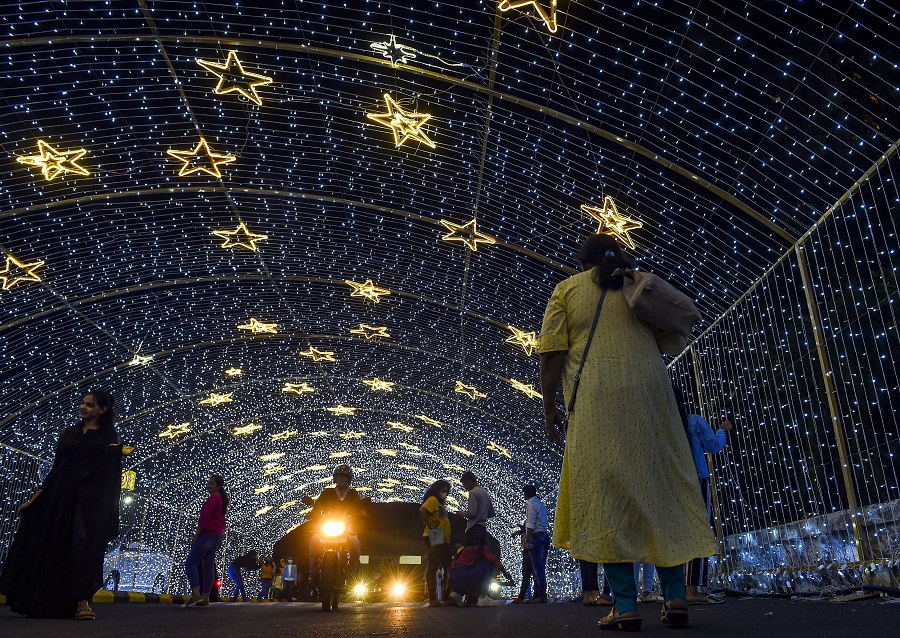 Lightings outside a mall, on the eve of the New Year 2021, in Mumbai on Thursday.