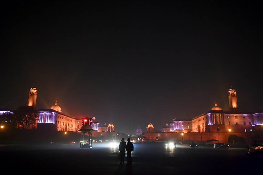 An illuminated Raisina Hill on the eve of the New Year 2021, in New Delhi on Thursday.