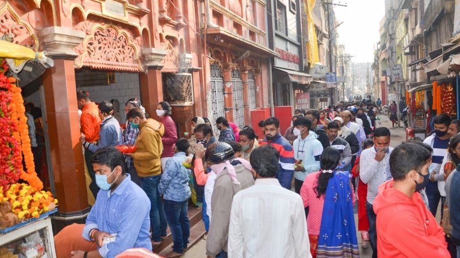 Devotees worship at a temple on the occasion of the New year's Day at Church Road in Ranchi, on Friday.