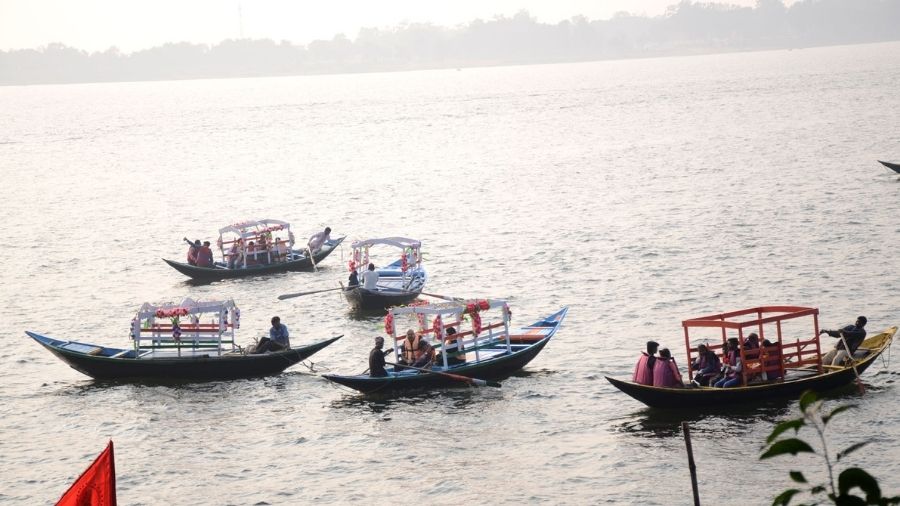 Visitors take to boating at the Maithon Dam in Dhanbad on Friday.