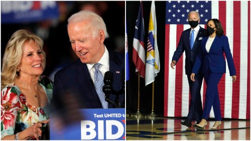 THE BLUES: Joe Biden and wife Jill; (right) Biden with Kamala Harris