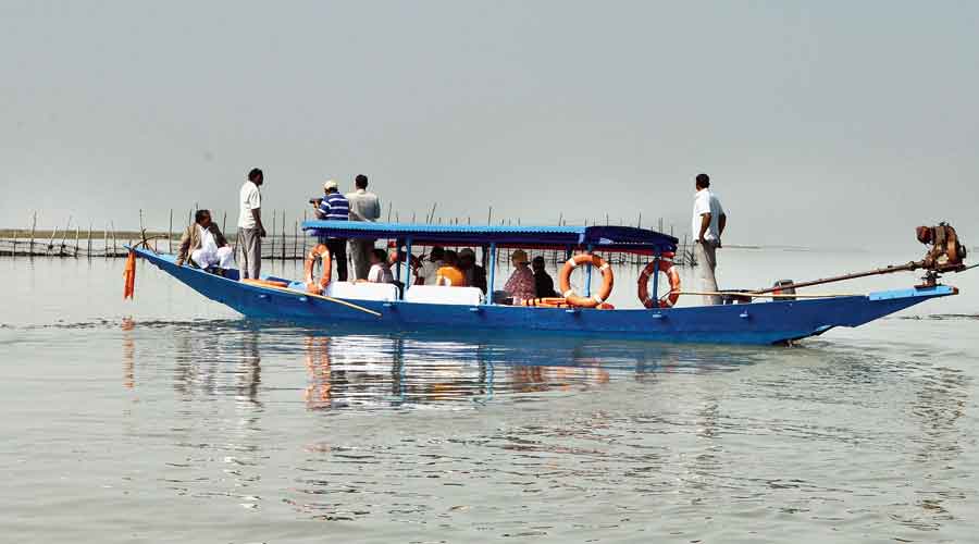 Visitors on a boat watch the migratory birds at Chilika