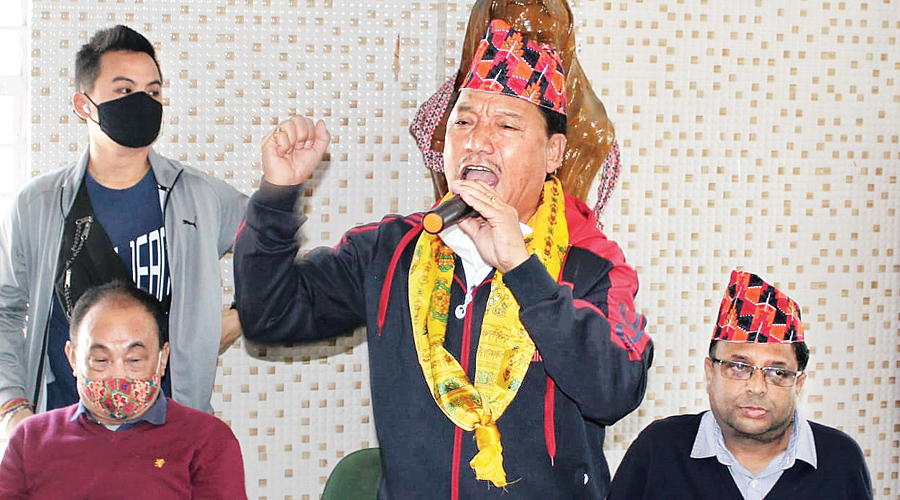Bimal Gurung speaks in an interaction programme at Pradhannagar in Siliguri on Tuesday.