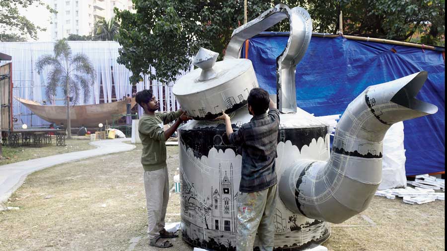 Preparations at Nandan on Wednesday ahead of the Kolkata International Film Festival.