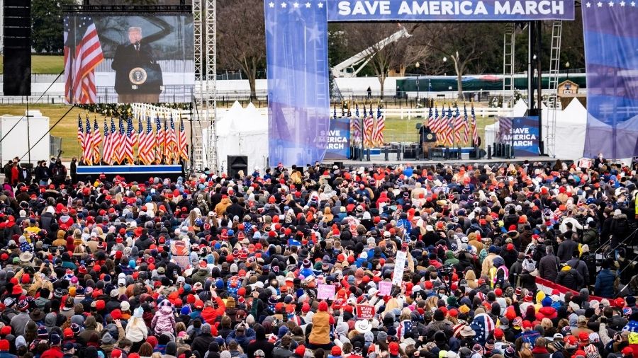 President Donald Trump addresses a rally in Washington, on Wednesday.
