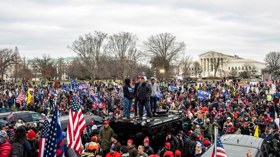 Protesters gather outside the US Capitol building in Washington, on Wednesday.