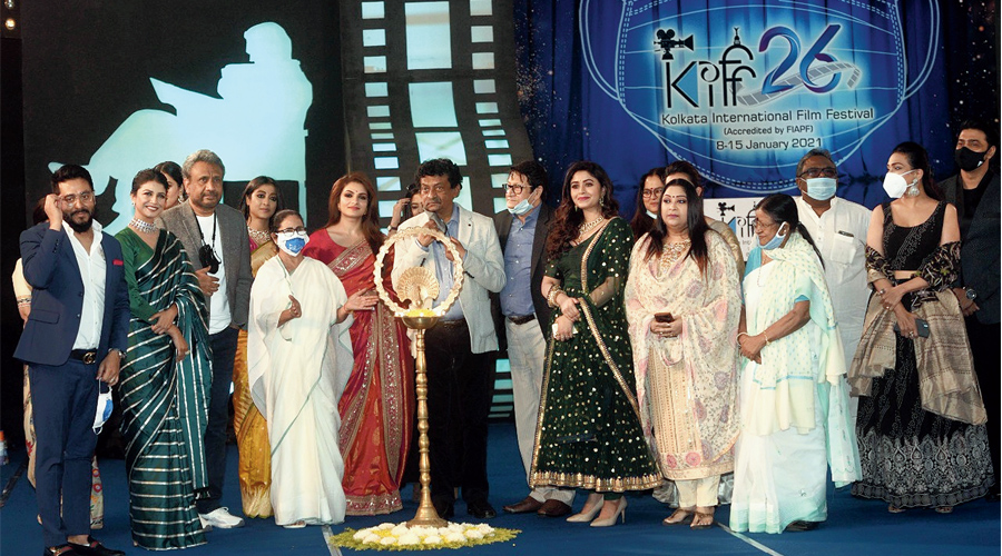A 2021 picture of the 26th Kolkata International Film Festival being inaugurated at Nabanna in the presence of chief minister Mamata Banerjee and members of the film fraternity. 