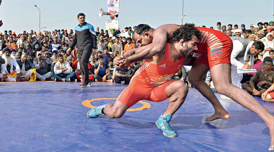 A wrestling competition organised at Ghazipur border for the protesting farmers on Sunday. 