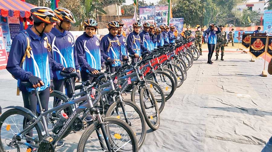 Participants get ready for the 66-day cycle rally at Panitor border outpost in North 24-Parganas on Sunday. 