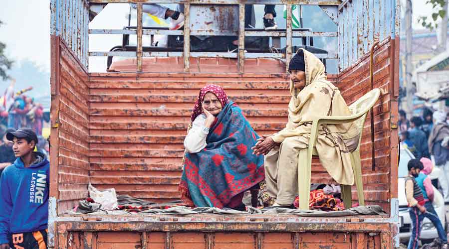 Elderly women at Delhi’s Singhu border on Monday