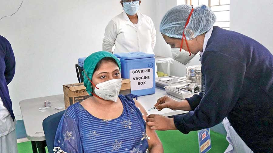 A woman being inoculated at Baruipur sub-divisional hospital on Monday